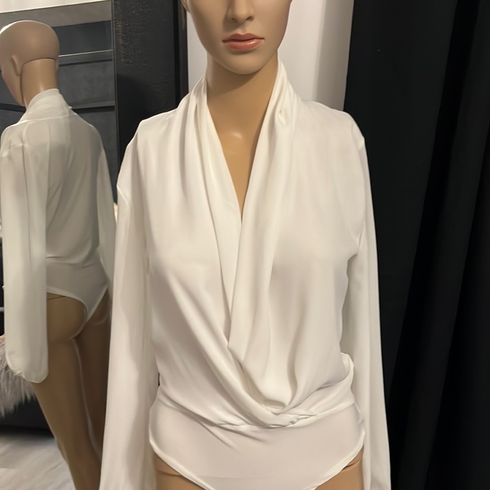 White plunge long sleeve bodysuit